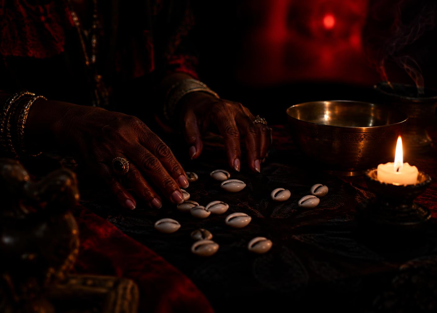 Mãos sobre pano escuro durante uma consulta espiritual à luz de vela